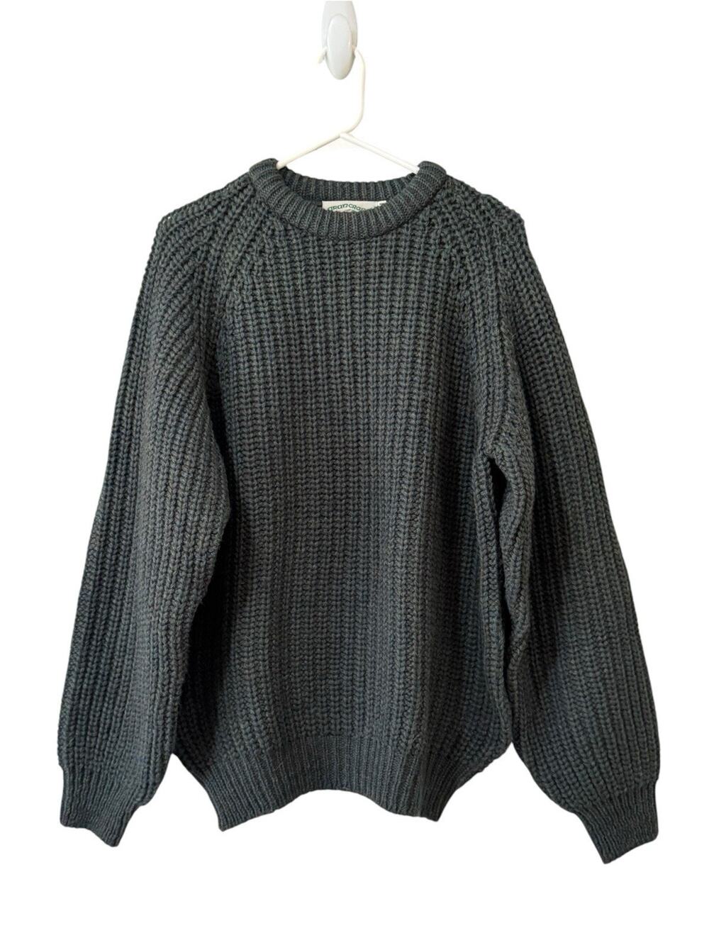 Vtg 100% Wool Aran Crafts Ireland Mens M Green Chunky Knit Sweater Warm Cozy